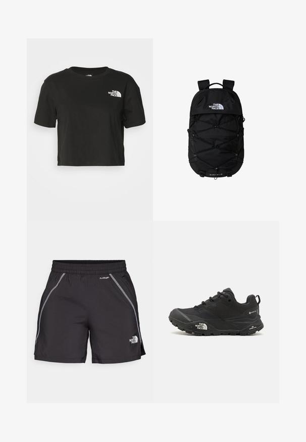 Black cropped t-shirt made of cotton. Features a round neckline and short sleeves, with a white logo on the left chest area.; Black athletic shorts made from lightweight material feature an elastic waistband, reflective detailing, and the logo "The North Face" on the left side.; Black hiking shoe with a textured upper, lace closure, and a chunky rubber sole featuring a prominent logo on the side and tread patterns.; Black backpack with zippered main compartment, elastic bungee cord design, padded straps, and a logo on the front; made of durable fabric.