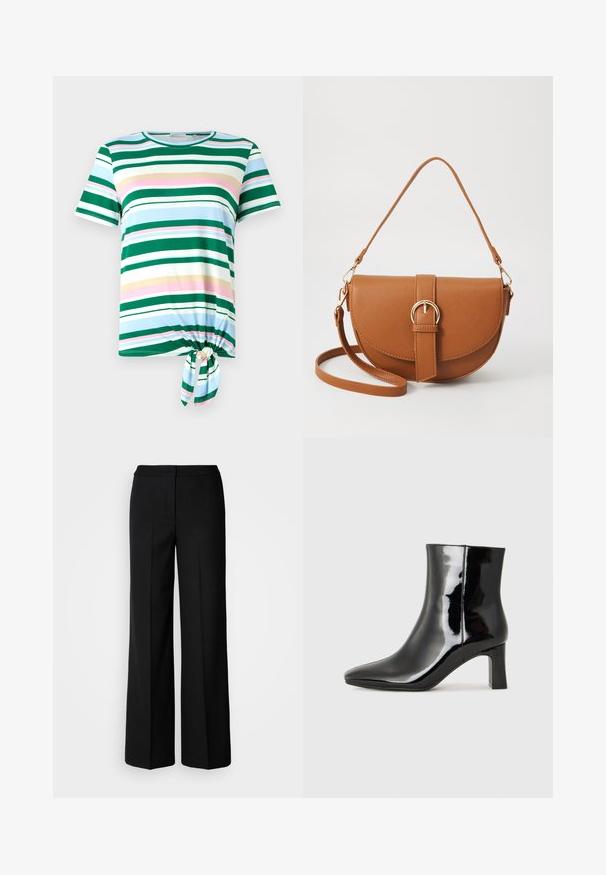 Green and blue striped t-shirt with short sleeves, a round neckline, and a tied knot detail at the hem. Made from a soft fabric.; Black wide-leg trousers with a smooth fabric, featuring a high waist, tailored seams, and a minimalist design. No visible hardware or pockets.; Black patent leather ankle boot with a pointed toe and a mid-height block heel. Smooth texture and minimalist design.; Brown leather crossbody bag with a curved shape, gold hardware, and a buckle accent. Features a detachable shoulder strap.