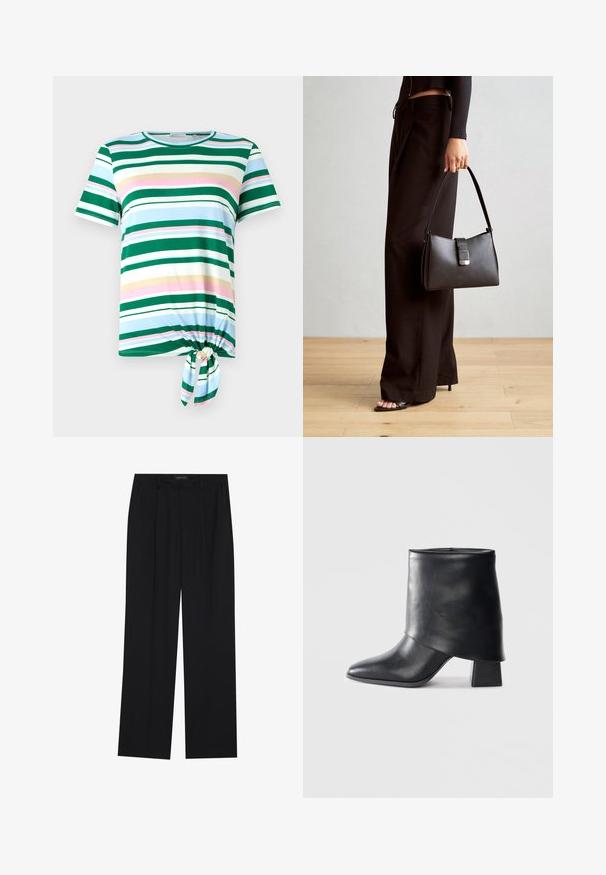 Gestreiftes T-Shirt in Grün und Blau mit kurzen Ärmeln, einem runden Halsausschnitt und einem Knoten-Detail am Saum. Aus einem weichen Stoff gefertigt.; Schwarze Hose mit geradem Bein, ausgestattet mit zwei frontalen Taschen und einem Taillenbund. Hergestellt aus einem glatten, leichten Stoff.; Schwarze Lederstiefelette mit spitzer Zehenform, glatter Oberfläche und strukturiertem Blockabsatz. Mit einem hohen, gefalteten Schaftdesign.; Schwarze Handtasche mit strukturierter Form, glatter Textur und einem metallischen Verschluss. Kombiniert mit weiten schwarzen Hosen und offenen Sandalen auf einem Holzboden.