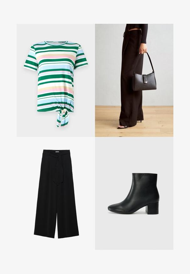 Zaļš un zils svītrains T-krekls ar īsām piedurknēm, apaļu kakla izgriezumu un mezglu detaļu apakšmalā. Izgatavots no mīksta auduma.; Melni platleņķa bikses ar teksturētu audumu, elastīgu jostu un noņemamu siksnu viduklī, kas nodrošina regulējamu piegulšanu.; Melna ādas potīšu zābaki ar smailu purngalu un masīlu papēdi. Gluda tekstūra ar minimāliem akcentiem un gludu, pieguļošu dizainu.; Melnā somiņa ar strukturētu formu, gludu tekstūru un metālu sprādzi. Saskaņota ar platām melnām biksēm un sandālēm ar atvērtu purngalu uz koka grīdas.