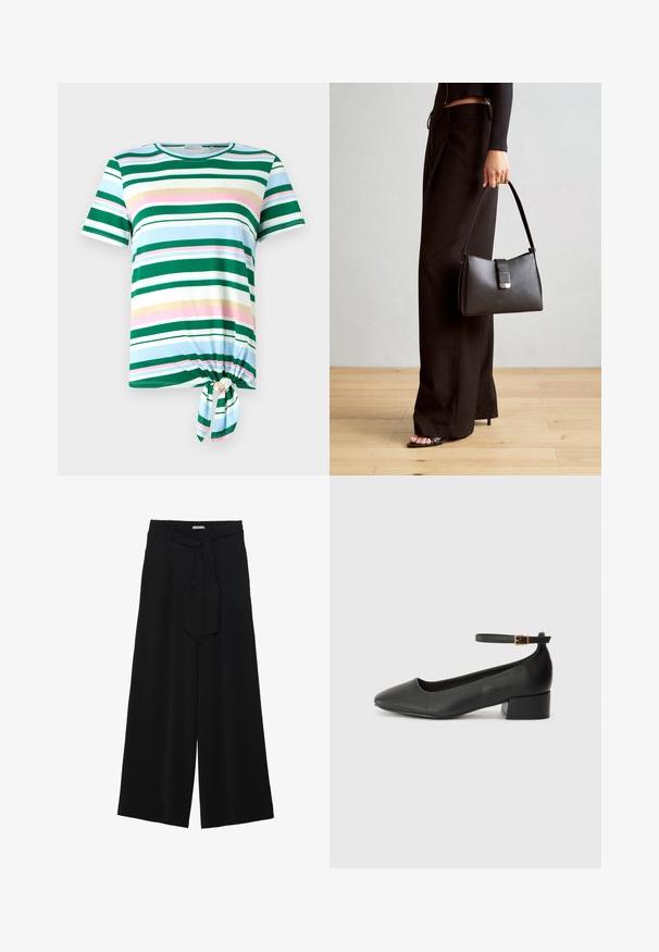 Gestreiftes T-Shirt in Grün und Blau mit kurzen Ärmeln, einem runden Halsausschnitt und einem Knoten-Detail am Saum. Aus einem weichen Stoff gefertigt.; Schwarze weite Hosen aus strukturiertem Stoff, mit elastischem Bund und einem abnehmbaren Bindegürtel in der Taille für eine verstellbare Passform.; Schwarze Lederpumps mit spitzem Zehenbereich und niedrigem Blockabsatz. Mit einem Knöchelriemen und einer goldfarbenen Schnalle. Glatte Textur.; Schwarze Handtasche mit strukturierter Form, glatter Textur und einem metallischen Verschluss. Kombiniert mit weiten schwarzen Hosen und offenen Sandalen auf einem Holzboden.
