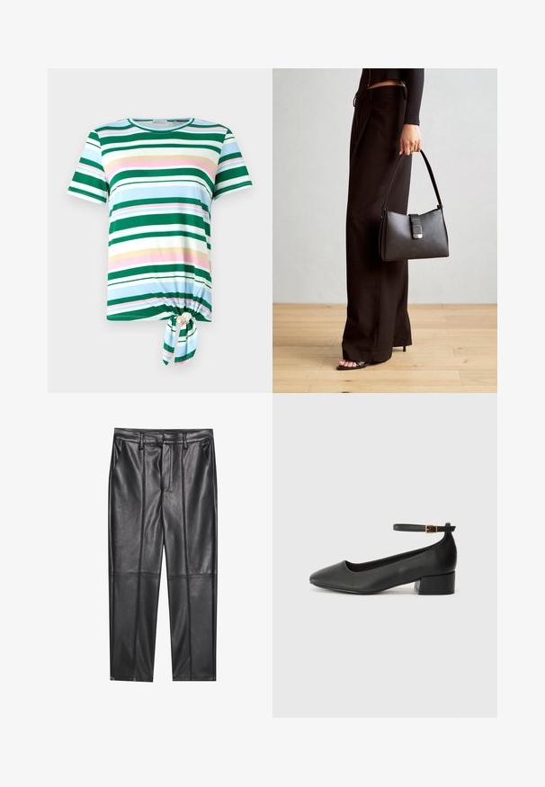 Žalias ir mėlynas dryžuotas marškinėliai su trumpomis rankovėmis, apvaliu iškirpimu ir surišimo detale apatinėje dalyje. Pagaminta iš minkštos medžiagos.; Juodos odinės kelnės su lygiu tekstūru, tiesaus kirpimo, dviem priekinėmis kišenėmis ir matomomis siūlėmis.; Juodas odinis aukštakulnis batelis su smailiu pirštu ir žemu bloku. Su kulkšnies dirželiu su auksinės spalvos sagtimi. Lygus paviršius.; Juodas rankinė struktūrizuota forma, lygi tekstūra ir metalinis užsegimas. Suporuota su plačiomis juodomis kelnėmis ir atvirais bateliais ant medinių grindų.