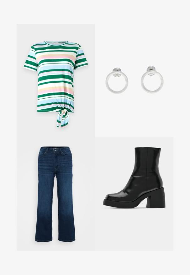 Green and blue striped t-shirt with short sleeves, a round neckline, and a tied knot detail at the hem. Made from a soft fabric.; ONLY Petite ONLMADISON BLUSH WIDE - Wide Leg - dark blue denim; Black ankle boots with a glossy finish, square toe, and a thick block heel. The design features a seamless silhouette and minimal branding.; Silver metal hoop earrings with a brushed texture, featuring a circular design and a clear post back for secure wear.