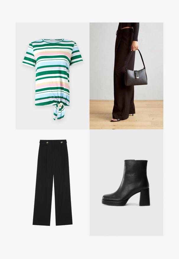 Green and blue striped t-shirt with short sleeves, a round neckline, and a tied knot detail at the hem. Made from a soft fabric.; Black wide-leg trousers with high waist, button details on waistband, and front pleats.; Black leather ankle boot with a block heel and platform sole, viewed from the side on a plain white background.; Black handbag with structured shape, smooth texture, and a metallic clasp. Paired with wide black pants and open-toe sandals on wooden floor.