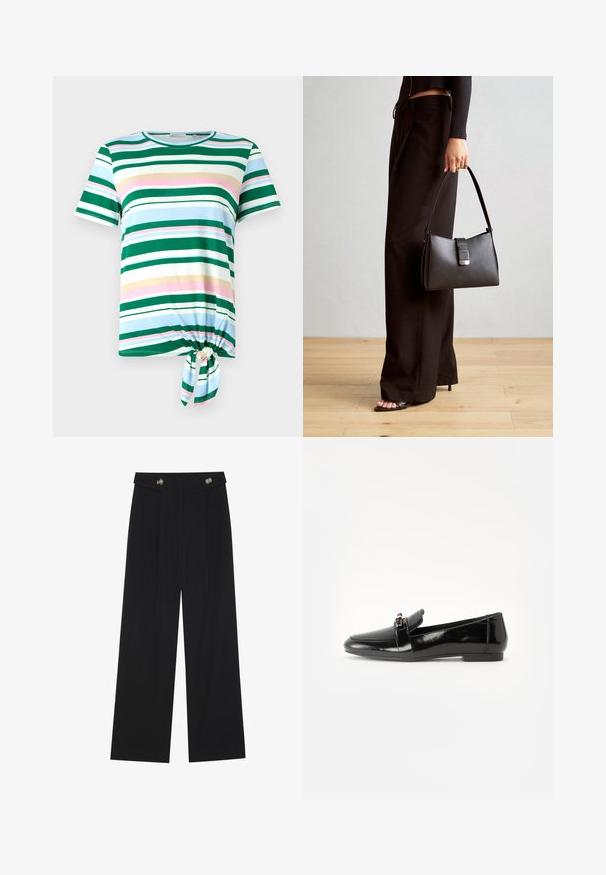 Gestreiftes T-Shirt in Grün und Blau mit kurzen Ärmeln, einem runden Halsausschnitt und einem Knoten-Detail am Saum. Aus einem weichen Stoff gefertigt.; Schwarze weite Hosen mit hoher Taille, Knopfdetails am Bund und vorderen Falten.; Schwarze Lackleder-Lederschuhe mit flacher Sohle, runder Spitze und einem dekorativen Riemen mit einem goldfarbenen Akzent. Glattes, glänzendes Finish.; Schwarze Handtasche mit strukturierter Form, glatter Textur und einem metallischen Verschluss. Kombiniert mit weiten schwarzen Hosen und offenen Sandalen auf einem Holzboden.