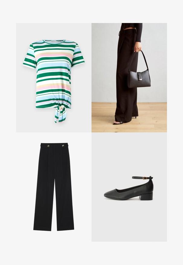 Zöld és kék csíkozott póló rövid ujjakkal, kerek nyakkal és csomózott részlettel az alján. Puha anyagból készült.; Fekete, bő szárú nadrág magas derékkal, gombos részletekkel a derékrészen és elülső pliszékkal.; Fekete bőr magassarkú cipő hegyes orral és alacsony tömb sarkal. Bokapánttal rendelkezik, aranyszínű csattal. Simább textúra.; Fekete kézi táska strukturált formával, sima textúrával és fémből készült záródással. Széles fekete nadrággal és nyitott orrú szandállal párosítva, fából készült padlón.