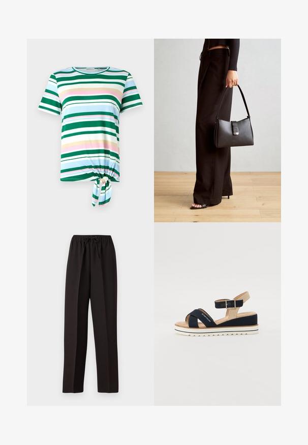 Groen en blauw gestreepte t-shirt met korte mouwen, een ronde halslijn en een geknoopte detail aan de zoom. Gemaakt van een zachte stof.; Zwarte, wijde broek met een elastische tailleband en een verstelbaar trekkoord. Gemaakt van een gladde, lichte stof zonder zichtbare patronen.; Marineblauwe sandaal met twee stoffen banden, verstelbare enkelband en gestructureerde beige achterkant. Dikke, witte, gekartelde zool. Merk gedrukt op de band.; Zwarte handtas met gestructureerde vorm, gladde textuur en een metalen sluiting. Gecombineerd met brede zwarte broeken en sandalen met open teen op een houten vloer.