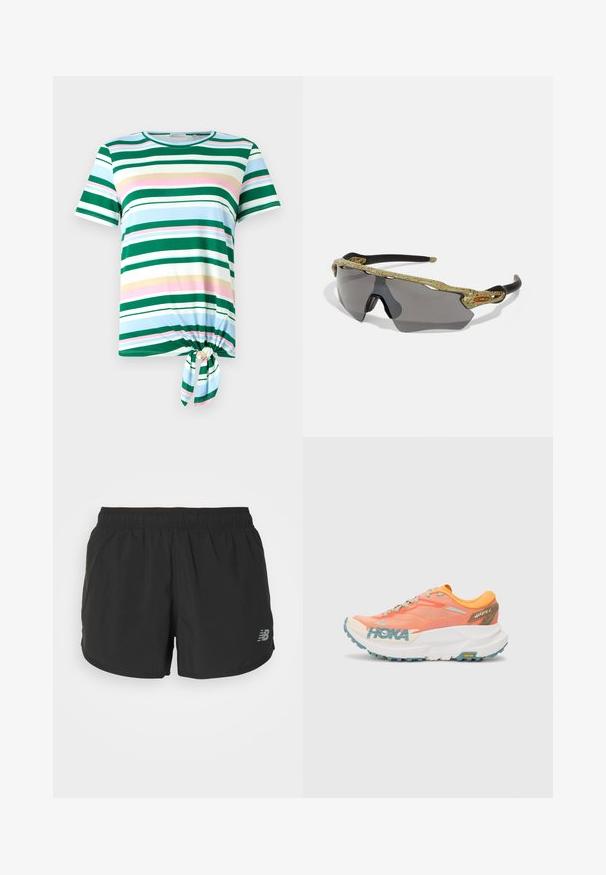 Zelené a modré pruhované tričko s krátkými rukávy, kulatým výstřihem a detaily uzlu na lemu. Vyrobeno z měkké tkaniny.; Černé sportovní šortky s elastickým pasem, vyrobené z lehké tkaniny. Na spodní pravé straně se nachází malé šedé logo.; Oranžovo-růžová běžecká obuv s mesh svrškem, bílou mezipodešví, Vibram podrážkou a světle modrými akcenty. Na boku je branding HOKA.; Sportovní sluneční brýle s rámem s zeleným vzorem, černými stranami a šedými skly. Design obsahuje obepínající styl s odvážným, sportovním tvarem.