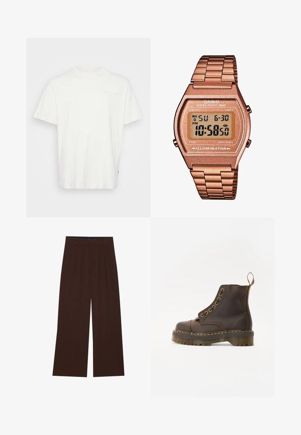 White cotton t-shirt with a round neck, short sleeves, and a small printed logo on the front. Features a relaxed fit and smooth texture.; Brown wide-leg trousers with pleats. Made of a smooth fabric, featuring a tailored waistband and side pockets. Flat hem at the bottom.; Brown leather ankle boot with a round toe, contrasting yellow stitching, decorative metal eyelets, and a grooved rubber sole.; Digital Casio watch with a rose gold metal band, rectangular case, illuminated display, and water resistance, showing time and date.