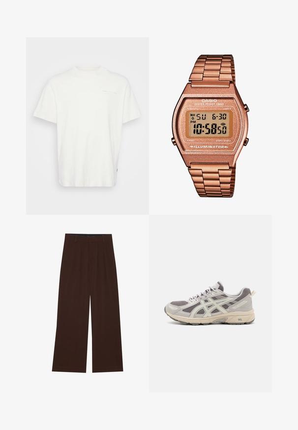 Hvid bomulds T-shirt med rund hals, korte ærmer og et lille trykt logo på forsiden. Har en afslappet pasform og en glat tekstur.; Brune bredbenede bukser med plisseringer. Lavet af et glat stof, der har en skræddersyet talje og sidelommer. Flad kant nederst.; Grå og hvid atletisk sko med et mesh-overdel, polstret sål, strukturerede detaljer og et fremtrædende GEL-logo på hælen.; Digital Casio ur med et roseguld metalarmbånd, rektangulær kasse, oplyst skærm og vandtæthed, som viser tid og dato.