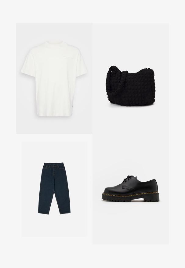 Hvid bomulds T-shirt med rund hals, korte ærmer og et lille trykt logo på forsiden. Har en afslappet pasform og en glat tekstur.; Mørkeblå højtaljede jeans med afslappet pasform, udstyret med fem lommer og knaplukning. Fremstillet af denim med en glat overflade.; Sort læder snøresko med en rund tå, tekstureret gummisål og gule stikninger omkring bunden. Flad design og glat finish.; Sort stofpose med en struktureret, quilted mønster. Rund form, korte, tykke håndtag, og en blød, fleksibel struktur.