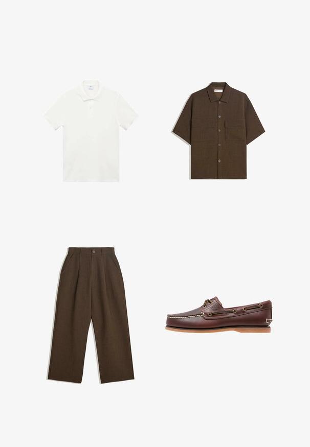 Biely polo tričko vyrobené z hladkej bavlnenej tkaniny, s klasickým golierom, trojpraktickým zapínaním a krátkymi rukávmi. Bez vzorov alebo akcentov.; Krátky rukáv, tmavo hnedá košeľa vyrobená z textúrovaného materiálu. Má zapínanie na gombíky a dve náprsné vrecká. Neformálny dizajn s voľným strihom.; Hnedé plisované nohavice s širokým strihom, vybavené zapínaním na gombík a bočnými vreckami, vyrobené z textúrovaného materiálu vhodného na neformálne nosenie.; Hnedé kožené lodné topánky s bielym prešitím, hnedými šnúrami a svetlohnedou gumovou podrážkou. Na boku sa nachádza logo a kovové očká na šnúrky.