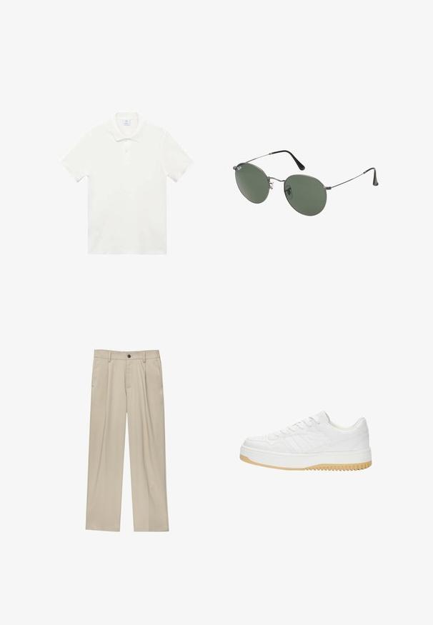 Biała koszulka polo wykonana z gładkiego materiału bawełnianego, z klasycznym kołnierzykiem, zapięciem na trzy guziki i krótkimi rękawami. Bez wzorów ani akcentów.; Beżowe spodnie o prostym kroju, z pojedynczym czarnym guzikiem, szlufkami na pasek oraz bocznymi kieszeniami. Gładka faktura materiału i minimalistyczny design.; Białe skórzane sneakersy o fakturowanym wykończeniu, z gumową podeszwą, sznurowanym zapięciem i subtelnymi akcentami w paski po bokach.; Okulary przeciwsłoneczne z metalową ramą i owalnymi zielonymi soczewkami. Cienka srebrna metalowa rama i czarne końcówki zauszników. Minimalistyczny design, bez widocznych logo.