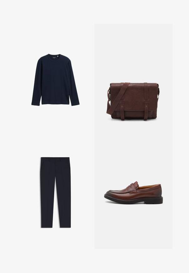 Granatowa koszulka z długim rękawem, wykonana z miękkiej bawełny, z okrągłym dekoltem i luźnym krojem, bez widocznych wzorów czy akcentów.; Granatowe spodnie o dopasowanym kroju, z dwiema przednimi kieszeniami, płaskim przodem i gładką fakturą. Brak widocznych wzorów lub ozdób.; Brązowe skórzane loafersy z okrągłym noskiem, dekoracyjnym przeszyciem i czarną gumową podeszwą. Gładka tekstura i minimalna ilość detali w designie.; Brązowa skórzana torba na ramię z płaskim klapem z przodu, dwoma paskami, złotymi akcentami oraz regulowanym paskiem na ramię.