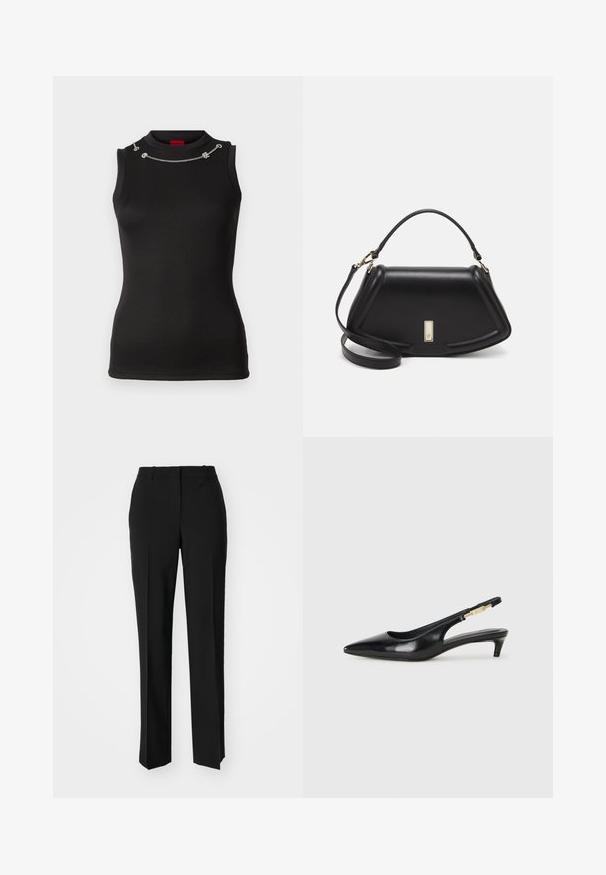 Schwarzes, geripptes, ärmelloses Oberteil mit hohem Kragen. Verfügt über silberne Kettenakzente und dekorative Beschläge an der Schulter. Glatte Textur.; Schwarze, taillierte Hose mit geradem Bein, aus einem glatten Stoff und mit klaren Falten an der Vorderseite. Keine sichtbare Hardware.; Schwarze Leder-Slingback-Pumps mit spitzem Schuhblatt, ausgestattet mit einem schlanken Absatz und einem goldfarbigen Akzent am verstellbaren Riemen. Glatte Textur.; Schwarze Lederhandtasche mit einem strukturierten Design, das eine verkürzte Form, einen oberen Griff und goldfarbene Hardware-Details aufweist. Verstellbarer Schulterriemen ist enthalten.