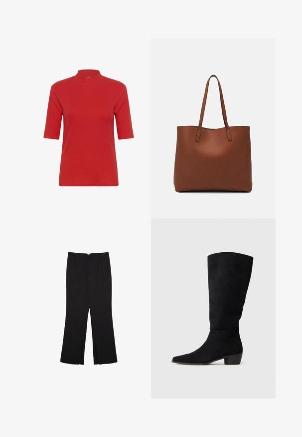 T-shirt en tricot côtelé rouge avec un col montant haut et des manches courtes, à la coupe ajustée et à la texture lisse.; Pantalon noir avec une coupe droite, doté de poches avant et d'éclairs sur l'ourlet. Fabriqué en tissu doux et lisse. Convient à diverses occasions.; Botte noire en daim hauteur genou avec un petit talon bloc et un bout pointu, présentée de profil sur un fond gris clair uni.; Sac fourre-tout en cuir marron avec une texture lisse, design à ouverture supérieure et deux poignées pour le porter à l'épaule. Présente des coutures minimales et aucun matériel visible.