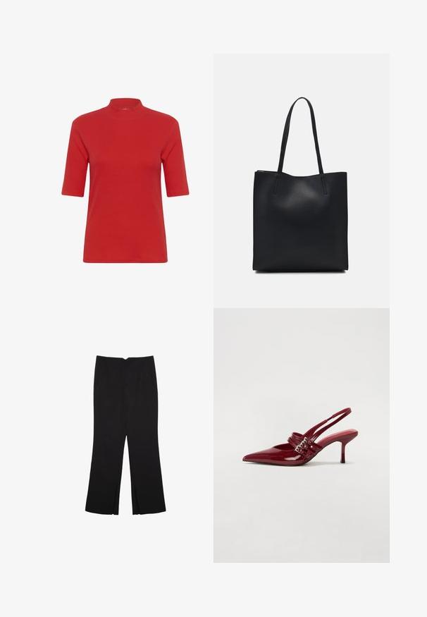T-shirt a coste rossa con colletto alto e maniche corte, dalla forma aderente e texture liscia.; Pantaloni neri a gamba dritta, con tasche frontali e spacchi laterali all'orlo. Realizzati in tessuto morbido e liscio. Adatti a diverse occasioni.; Décolleté slingback in vernice rossa con punta affusolata, due cinturini con fibbia e un sottile tacco a stiletto di media altezza. Texture liscia.; Borsa tote in pelle nera con texture liscia, forma rettangolare e due manici lunghi. Nessun hardware o decorazione visibile.