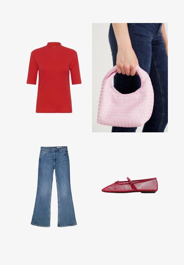 Tricou tricotat roșu cu nervuri, având un guler înalt și mâneci scurte, cu o formă ajustată și o textură netedă.; Jeans bleumarin evazați, din denim, cu talie medie, cinci buzunare și un aspect decolorat, cu detalii de cusătură pe cusături.; Balerini roșii din plasă cu vârful ascuțit, prezentând o curea subțire și un detaliu cu cataramă. Partea superioară are un model deschis, în formă de fagure.; Geantă de mână țesută roz, cu un mâner rotund și un capac cu fermoar, având o suprafață texturată și un model în diamant pe întreaga suprafață.