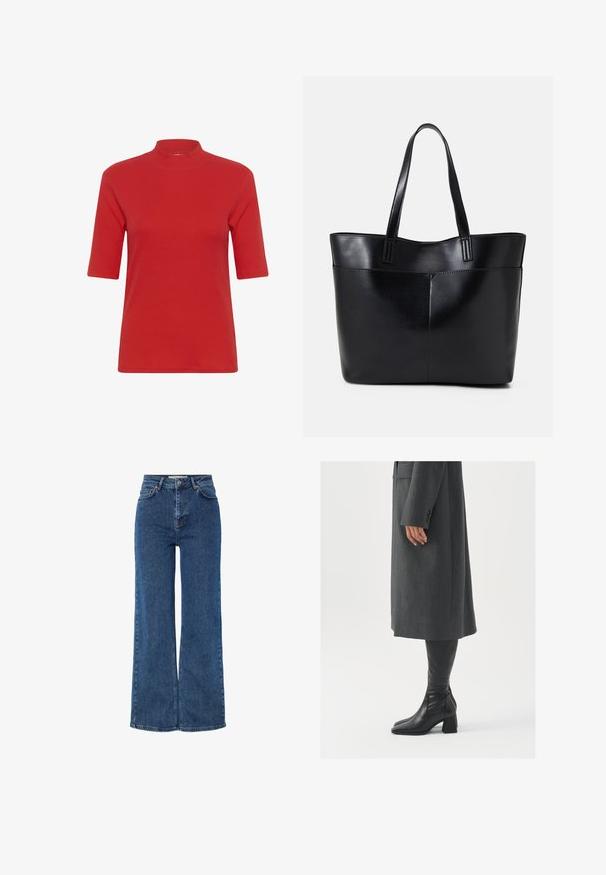 Red ribbed knit t-shirt featuring a high mock neck and short sleeves, with a fitted shape and smooth texture.; High-waisted blue denim jeans with wide legs, featuring traditional five-pocket design, metal button closure, and contrast stitching.; Gray, tailored overcoat with a straight cut; paired with knee-high black leather boots featuring a square toe and chunky heel.; Black leather tote bag with two long handles, a smooth texture, and a structured shape. Features a front pocket for additional storage.