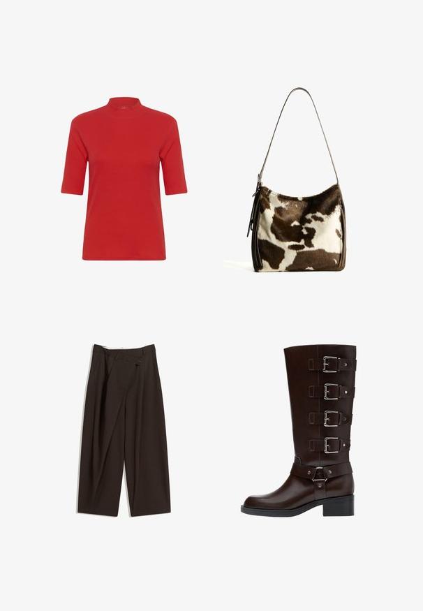 Rød ribbet strik T-shirt med høj mock neck og korte ærmer, i en tætsiddende form og glat tekstur.; Mørkebrune brede bukser med høj talje, udstyret med en enkelt knaplukning og en plisseret front. Lavet af letvægtsstof.; Mørkebrun læderknæhøj støvle med rund tå, fire justerbare spændebånd og en blokhæl, der har både glatte og strukturerede finish.; Brun og creme farvet koe læder skuldertaske med en glat læderrem, lynlås lukning og en blød, tekstureret overflade med et naturligt mønster.
