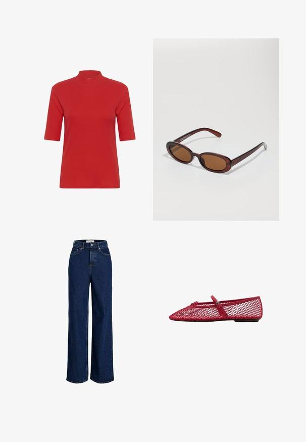 T-shirt en tricot côtelé rouge avec un col montant haut et des manches courtes, à la coupe ajustée et à la texture lisse.; Jean en denim bleu foncé taille haute avec jambes larges, bouton frontal et design à cinq poches.; Ballerines en maille rouge avec un bout pointu, dotées d'une fine bride et d'un détail à boucle. La tige présente un motif ouvert en nid d'abeille.; Lunettes de soleil rondes teinte brun avec une monture bordeaux brillante. Branches fines avec un détail de marque subtil. Design de verres plats.