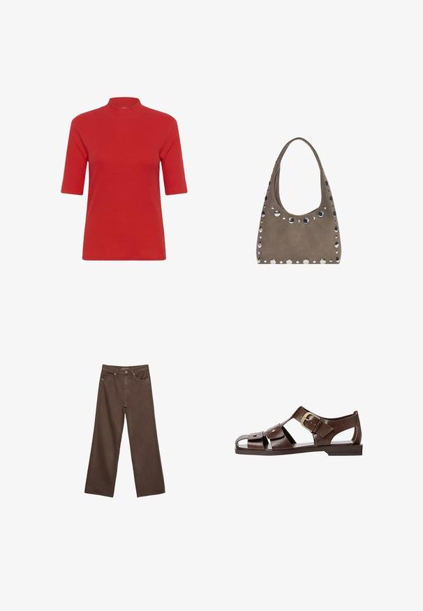 Rød ribbet strik T-shirt med høj mock neck og korte ærmer, i en tætsiddende form og glat tekstur.; Bredde ben brun denim jeans med høj talje, forlommer og klassisk knaplukning. Glat tekstur med diskret syninger.; Brun lædersandal med udskæringsdesign, justerbar sidebuckle og flad sål, med metalaccentuer og åben tå.; PULL&BEAR SHOPPER - Shopping bags - grey