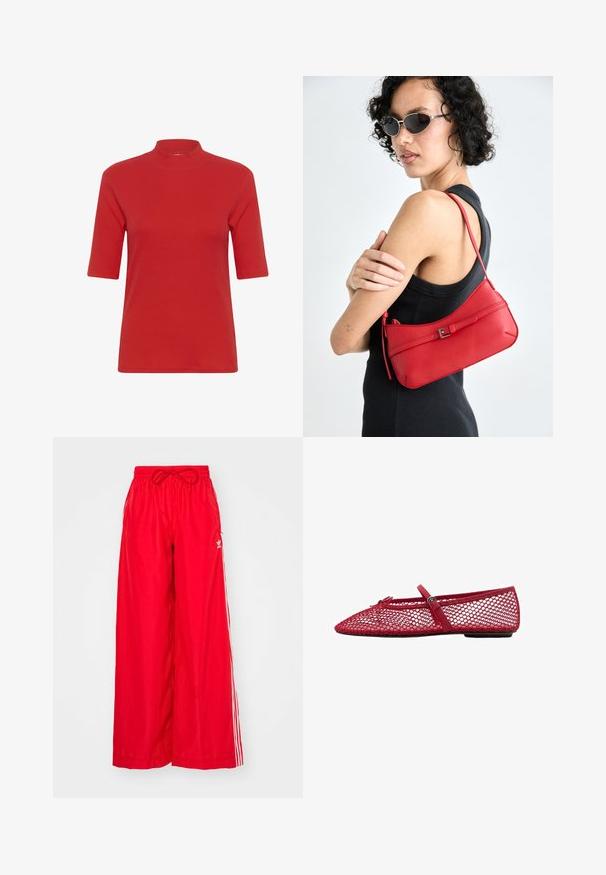 Röd ribbad stickad t-shirt med hög krage och korta ärmar, med en figurnära form och slät textur.; Röda vida byxor i lättviktig tyg med vita sidostripes och resårmidja med dragsnöre.; Röda nätballerinor med spetsig tå, med en tunn rem och spänne. Överdelen har ett öppet, bikupemönster.; Röd läderaxelväska med en slät yta, böjd design och en dekorativ spänneaccent. Justerbar rem och dragkedjestängning.