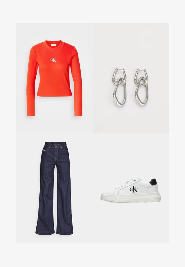 Rotes langärmeliges Baumwolloberteil mit gerippter Textur und rundem Ausschnitt. Mit einem weißen Logo auf der Brust. Cropped-Design.; Dunkelblaue weite Jeans aus Denimstoff mit hoher Taille, ausgestattet mit orangefarbenen Nähten, fünf Taschen und einem Knopfverschluss.; Weiße Low-Top-Sneaker mit schwarzem Fersenpatch, Plateau-Sohle, Schnürsenkeln und Calvin Klein "CK"-Logo an der Seite.; Calvin Klein STATEMENT LINKS - Ohrringe - silver-coloured