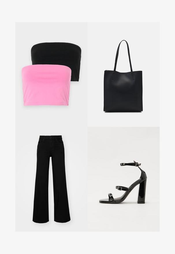 Two strapless tops in black and pink. Made of smooth cotton, featuring a simple design with a stretchy fit and no fasteners.; Black wide-leg pants made of denim, featuring a structured waistband, belt loops, and front pockets. Smooth texture with a classic design.; Black patent heeled sandals with a square toe, ankle straps, and silver buckles. Features a chunky block heel for stability.; Black leather tote bag with smooth texture, rectangular shape, and two long handles. No visible hardware or embellishments.