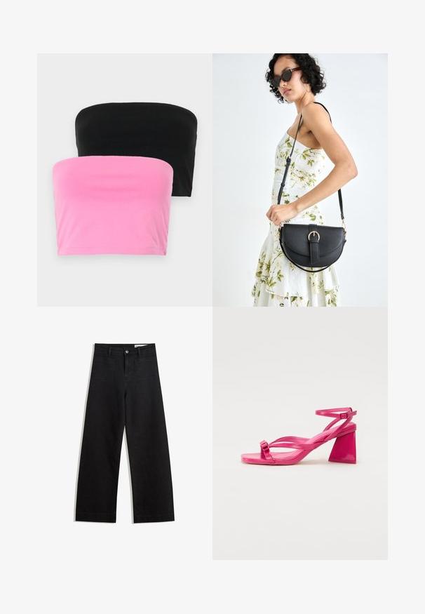 Two strapless tops in black and pink. Made of smooth cotton, featuring a simple design with a stretchy fit and no fasteners.; Black wide-leg denim pants with a high waist, featuring front and back pockets, stitched seams, and a button closure. Smooth texture.; Pink patent leather heeled sandals with a square toe, narrow straps, and a geometric block heel. Features a buckle detail on the strap.; Black leather handbag with a curved shape, detachable strap, and gold hardware. The bag features a flap with a buckle detail.