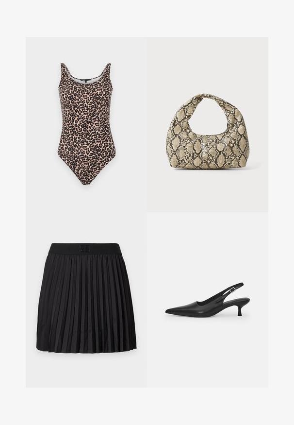 Leopard-print one-piece swimsuit in shades of beige and black. Features a scoop neck, tank straps, and a high-cut leg design. Smooth fabric texture.; Black pleated skirt with a smooth texture, featuring a solid black waistband and an embossed logo detail at the front.; Black leather slingback shoe with a pointed toe and a slim, curved heel. Features a discrete adjustable strap with a metal buckle.; Snake-print handbag with a curved handle. Made from textured, beige and brown materials, featuring a distinctive diamond pattern.
