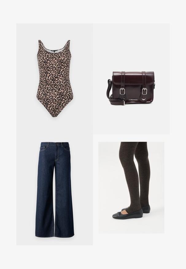Eén-piece zwemkostuum met luipaardprint in beige en zwart. Heeft een ronde hals, tankbandjes en een hoog uitgesneden beenontwerp. Glad textuur van de stof.; Stijlen met wijde pijpen in donkerblauw denim. Kenmerkt zich door contrasterende stiksels, vijf zakken en een knoopsluiting in de taille. Soepele textuur.; Zwarte platte schoenen met een kleine strikdetail op de neus, gecombineerd met donkerbruine geribbelde panty’s. De schoenen hebben een gladde textuur en een lage profiel.; Bordeaux patent leren crossbody tas met een rechthoekige vorm, twee banden, zilveren hardware en een klep sluiting.