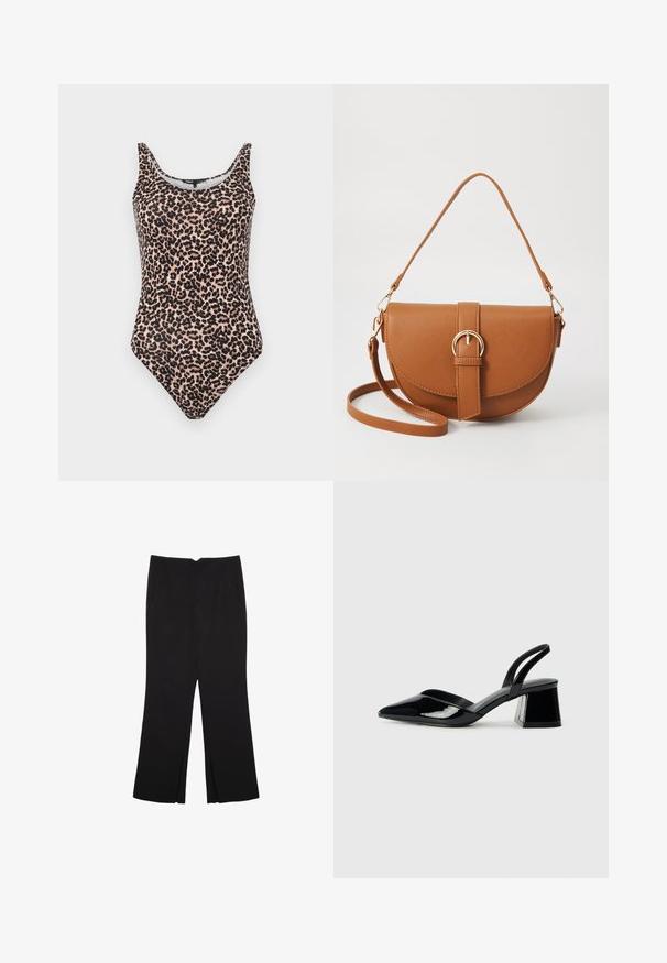 Jednodielne plavky s leopardím vzorom v odtieňoch béžovej a čiernej. Obsahujú hlboký výstrih, tankové ramienka a vysoké nohy. Hladký textilný materiál.; Čierne nohavice so strihom rovného strihu, s prednými vreckami a bočnými rozparkami na leme. Vyrobené z mäkkej, hladkej tkaniny. Vhodné na rôzne príležitosti.; Čierne lakované kožené sandálové podpätky s špicatou špičkou a geometrickým blokovým podpätkom. Disponujú elegantným, minimalistickým dizajnom a hladkým povrchom.; Hnedá kožená kabelka cez telo s zakriveným tvarom, zlatými kovovými doplnkami a akcentom s prackou. Obsahuje odnímateľný ramenný popruh.