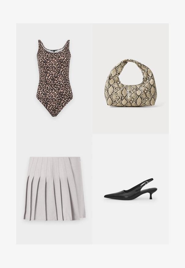 Costume da bagno intero a stampa leopardata in tonalità di beige e nero. Presenta uno scollo a barca, spalline e un design con gamba alta. Tessuto dal finish liscio.; Gonna pieghettata grigia con una texture liscia, caratterizzata da molteplici pieghe verticali e una vita aderente. Realizzata in un tessuto leggero.; Scarpa slingback nera in pelle con punta affusolata e tacco sottile e curvato. Presenta una discreta fascia regolabile con una fibbia in metallo.; Borsa a stampa rettile con manico curvo. Realizzata in materiali testurizzati beige e marroni, presenta un distintivo motivo a rombi.