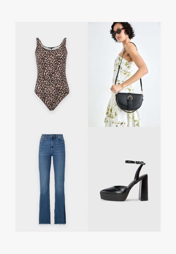 Leopard-print one-piece swimsuit in shades of beige and black. Features a scoop neck, tank straps, and a high-cut leg design. Smooth fabric texture.; Flared blue denim jeans with a high waist, featuring a frayed hem and five pocket design. Smooth texture with subtle fading.; Black platform heels with a pointed toe and adjustable ankle strap. Constructed from smooth leather, featuring a chunky block heel.; Black leather handbag with a curved shape, detachable strap, and gold hardware. The bag features a flap with a buckle detail.