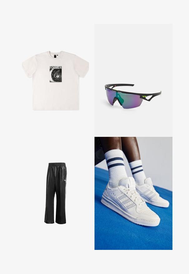 Hvid bomulds t-shirt med korte ærmer, der har et sort grafisk print med ordet "FORMER" og et spiraldesign på forsiden.; Sorte syntetiske træningsbukser med elastisk talje, prydet med hvide side-striber og et lille hvidt logo på venstre hofte.; Hvide læder sneakers med perforerede detaljer, tre metalliske striber og en struktureret sidepanel. Båret med hvide sokker med blå striber.; Sports solbriller med en sort ramme, store gradient linser med lilla og grønne nuancer, samt vinklet design med logo detaljer.