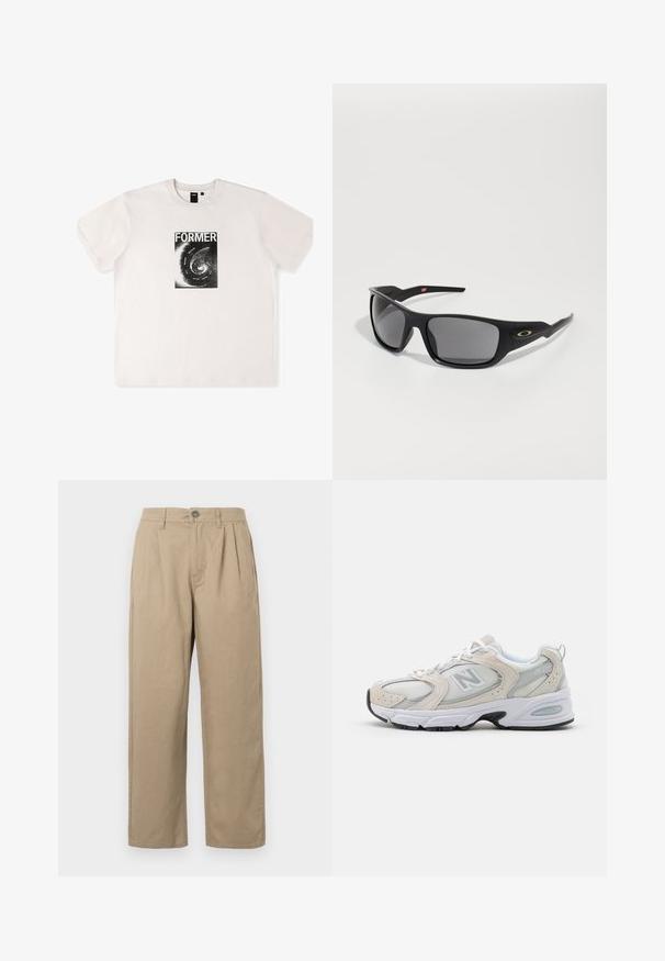 Lyhythihainen valkoinen puuvillapaita, jossa on musta graafinen printti sanalla "FORMER" ja spiraalimuotoilu edessä.; Beige korkeavyötäröiset housut, joissa on laskokset, vyölenkit, nappikiinnitys ja suorat lahkeet valkoisella taustalla.; Urheilusandaalit, joissa on vaaleanharmaa verkkopäällinen nahkapainatuksilla, valkoiset nauhat ja musta kumipohja. Huomiota herättävä ABZORB-vuorauksen yksityiskohta.; Mustat aurinkolasit, joissa on suorakulmainen muoto, valmistettu kestävästä muovista, harmailla tummennetuilla linsseillä ja kultaisella yksityiskohdalla sivussa.