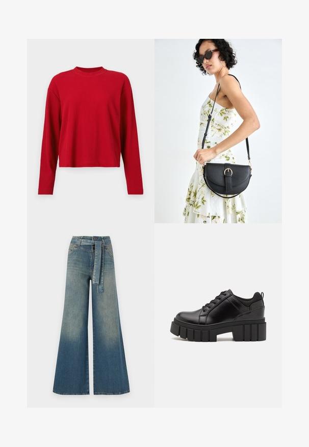 Rotes, geripptes Langarmoberteil mit hohem Kragen und lockerer Passform, gefertigt aus einem weichen Material mit subtiler Textur.; Weit geschnittene Denim-Hosen mit einem Farbverlauf von hellblau zu dunkelblau, hoher Taille, Gürtelschlaufen und einem passenden Stoffgürtel. Strukturierte Denim-Oberfläche.; Schwarze Lederplateauschuhe mit klobigem Blockabsatz, runder Zehenpartie und traditionellem Schnürdesign. Verfügt über eine glatte Textur und minimale Details.; Schwarze Lederhandtasche mit geschwungener Form, abnehmbarem Tragegurt und goldenen Beschlägen. Die Tasche verfügt über einen Deckel mit einer Schnallen-Details.