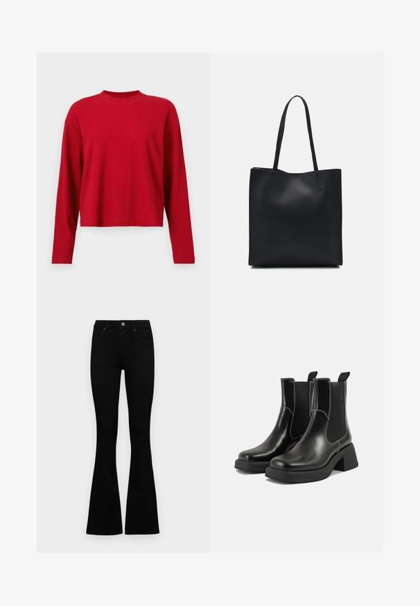 Raudona raukšlėta ilgomis rankovėmis palaidinė su aukštu kaklu ir laisvu siluetu, pagaminta iš švelnios medžiagos su subtilia tekstūra visame paviršiuje.; Juodos aukšto liemens džinsai su mygtuku ir užtrauktuku, priekinėmis kišenėmis ir platėjančiomis kojomis, išdėstyti ant baltos fono.; Juodos odinės Chelsea botai su storiu kulnu, elastinėmis šoninėmis panelėmis ir kontrastinga balta siūle. Tekstūruota apdaila.; Juodas odinis tote krepšys su lygia tekstūra, stačiakampio formos ir dviem ilgais rankenomis. Matomų metalinių detalių ar puošybos nėra.