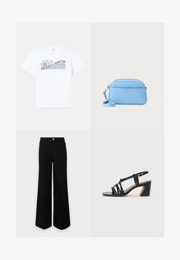 Biely bavlnený tričko s farebnou grafikou kolotoča a horskej dráhy, s textom "PS Paul Smith" v červenej a modrej farbe.; Čierne široké džínsy vyrobené z pevnej tkaniny, s vysokým pásom, prednými vreckami a predným zapínaním na gombík. Rovný lem na spodnej strane.; Paul Smith AMIRA - Klasické lodičky na opätku - black; Svetlomodrá kožená crossbody taška so zlatými detailmi, zipsom a prednou vreckom. Obsahuje nastaviteľný popruh pre pohodlné nosenie.