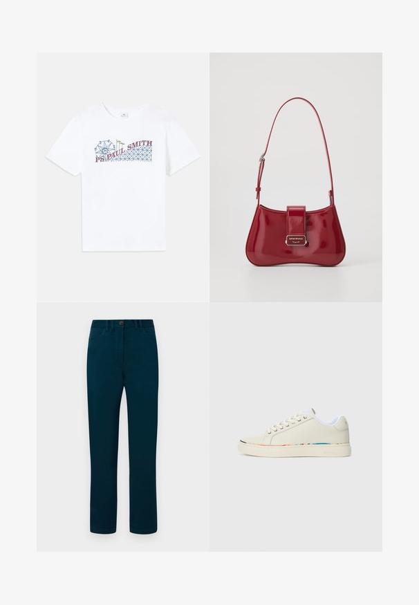 Camiseta de algodón blanca con un gráfico colorido de una noria y una montaña rusa, con el texto "PS Paul Smith" en rojo y azul.; Pantalones de color verde oscuro con un diseño de pernera recta, que presentan un cierre de botón, bolsillos frontales y están confeccionados en una suave tela de algodón.; Zapatilla baja en color blanco roto con diseño de cordones, forro interior blanco y un sutil borde multicolor a lo largo del borde de la suela, vista lateral.; Bolso de mano de charol rojo con forma curva, cierre de solapa y un acento de logo plateado. Incluye una correa de hombro ajustable.