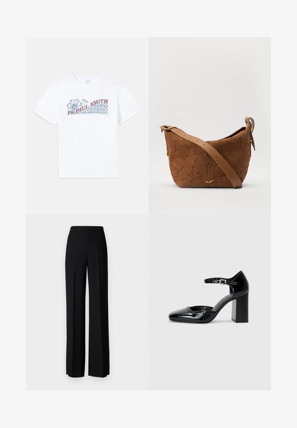 Balta kokvilnas T-kreklu ar krāsainu grafiku, kurā attēlots Rūdolfa rats un kalniņš, un uzraksts "PS Paul Smith" sarkanā un zilā krāsā.; Melni platleği bikses ar gludu tekstūru, ar augstu jostasvietu un centrālajām krokām. Nav redzamu rakstu vai aparatūras detaļu.; Melna lakota ādas augstpapēžu kurpes ar kvadrātu purngalu, potītes siksniņu un masīlu papēdi. Iekļauj perforētu apdari gar malu.; Brūns zamšs plecu soma ar iegravētu ziedu dizainu, papildināta ar gludu brūnu ādas siksnu un zelta toņa detaļām.