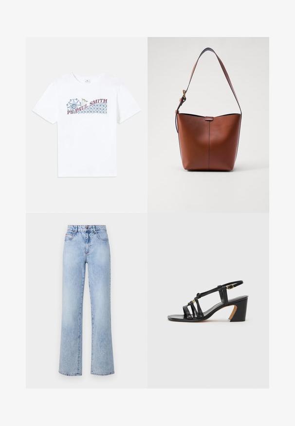 Valkoinen puuvillapaita, jossa on värikäs graafinen kuva maailmanpyörästä ja vuoristoradasta, ja "PS Paul Smith" -teksti punaisena ja sinisenä.; Vaaleansiniset korkeavyötäröiset farkut, joissa on suora lahje, haalistunut denimpinta, punaiset ommelakcentit ja klassinen viiden taskun muotoilu.; Paul Smith AMIRA - Avokkaat - black; Kahvinahkainen olkalaukku, jossa on kaareva muoto, sileä pinta ja yksi ohut hihna. Sisältää hienovaraisen sauman ja pienen logotarkin.