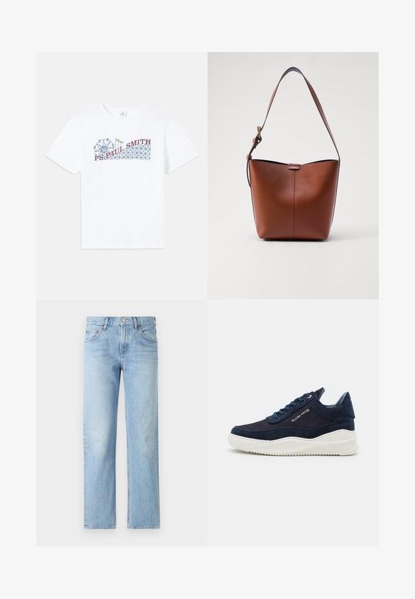 Fehér pamut póló, színes grafikával, amely egy óriáskerék és egy hullámvasút ábrázolását tartalmazza, piros és kék "PS Paul Smith" felirattal.; Világoskék farmernadrág egyenes szabással, öt zsebbel, gombos és cipzáras záródással, valamint enyhén megkopott felülettel.; Sötét tengerészkék velúr sportcipő fehér gumi talppal, lekerekített orral és fűzős kialakítással. Az oldalon logó részlet és textúrált díszítések találhatóak.; Barna bőr válltáska ívelt formával, sima felülettel és egy vékony pánttal. Diszkrét varrással és kis logóval rendelkezik.