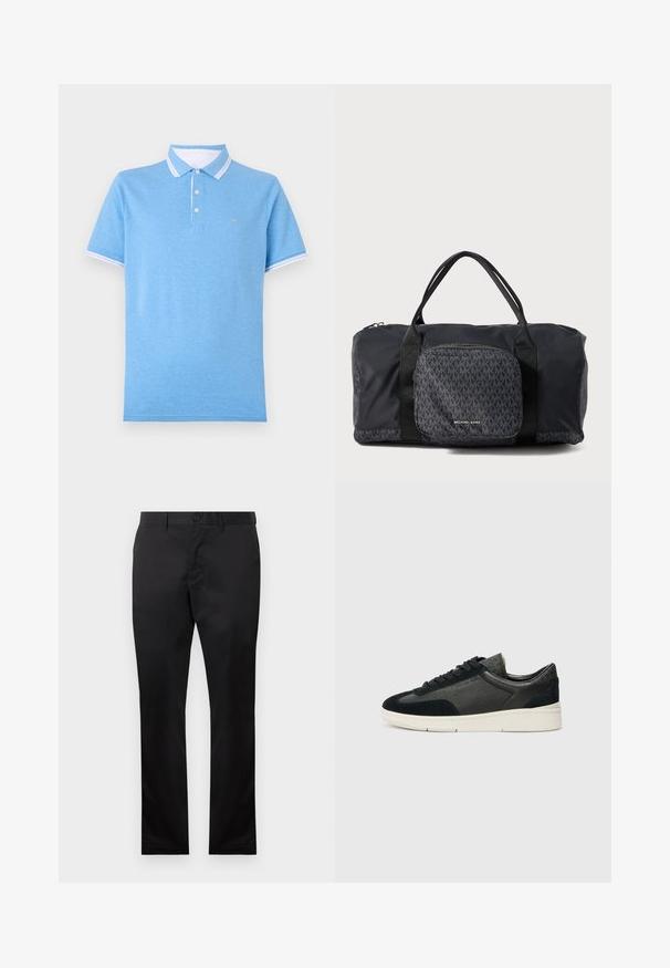 Michael Kors GREENWICH - Polo marškinėliai - sou paci; Juodos medvilninės kelnės su tiesiais kojomis, su sagčių uždarymu priekyje ir šoninėmis kišenėmis, lygia tekstūra, be matomų raštų.; Žemi sportbačiai su juodu sukurto veliūro ir tekstūruoto odos deriniu, balta guma padanga ir juodi raišteliai. Šoninėse dalyse subtilus prekės ženklas.; Juodas Michael Kors sportinis krepšys su dviem rankenomis, priekiniu užtrauktuku, puikuojantis kartotiniu MK logotipu ir Michael Kors ženklu.