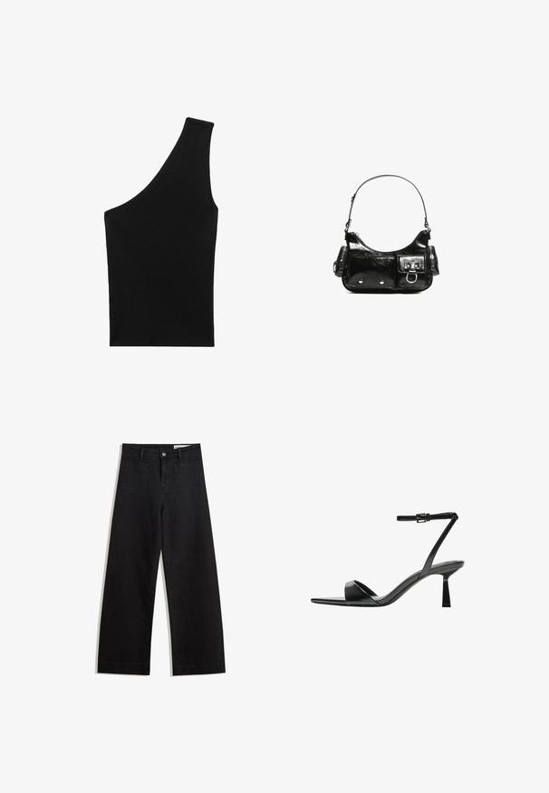 Črn, rebrast pleten top z edinstveno asimetrično silhueto in enim naramnikom. Gladka tekstura, brez vidnih velikosti ali vzorca.; Črne široke denim hlače z visokim pasom, ki imajo sprednje in zadnje žepe, šivane šive ter gumbasto zapiranje. Gladka tekstura.; Bershka Sandali z visoko peto - black; Črna lakasta usnjena torbica s ukrivljeno obliko, enim ramenskim trakom, sprednjimi žepi in srebrnimi kovinskimi dodatki.