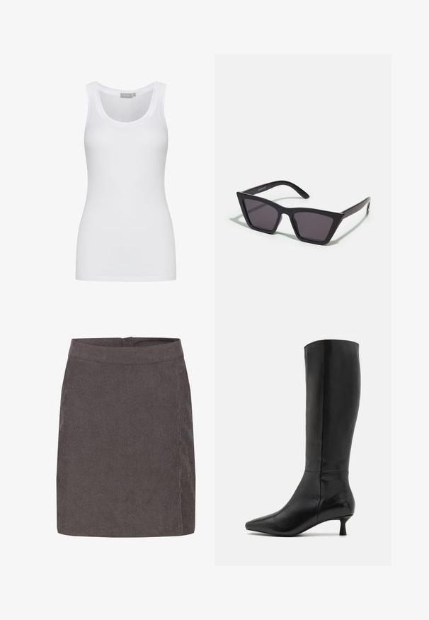 Canotta bianca in cotone con collo rotondo e vestibilità slim. Presenta spalline larghe e una texture liscia. Nessun motivo o accento visibile.; Kaffe VERA - Gonna a campana - major brown c; Zign Stivali alti - black; Occhiali da sole neri e angolari con lenti grigie; realizzati in plastica, con aste spesse dalla superficie liscia e senza hardware visibile.; Borsa a mano in pelle marrone con due manici robusti, forma rettangolare, texture liscia e chiusura con zip. Design minimalista senza motivi visibili.