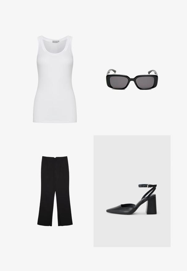 Canotta bianca in cotone con collo rotondo e vestibilità slim. Presenta spalline larghe e una texture liscia. Nessun motivo o accento visibile.; Pantaloni neri a gamba dritta, con tasche frontali e spacchi laterali all'orlo. Realizzati in tessuto morbido e liscio. Adatti a diverse occasioni.; Pump in pelle nera con punta affusolata, cinturino alla caviglia e tacco spesso. Texture piatta, design elegante ed estetica minimalista.; Occhiali da sole neri rettangolari con lenti scure, montatura in plastica liscia e tempie curve. Il design è voluminoso con un'estetica minimalista.; Borsa tote in pelle nera con texture liscia, forma rettangolare e due manici lunghi. Nessun hardware o decorazione visibile.