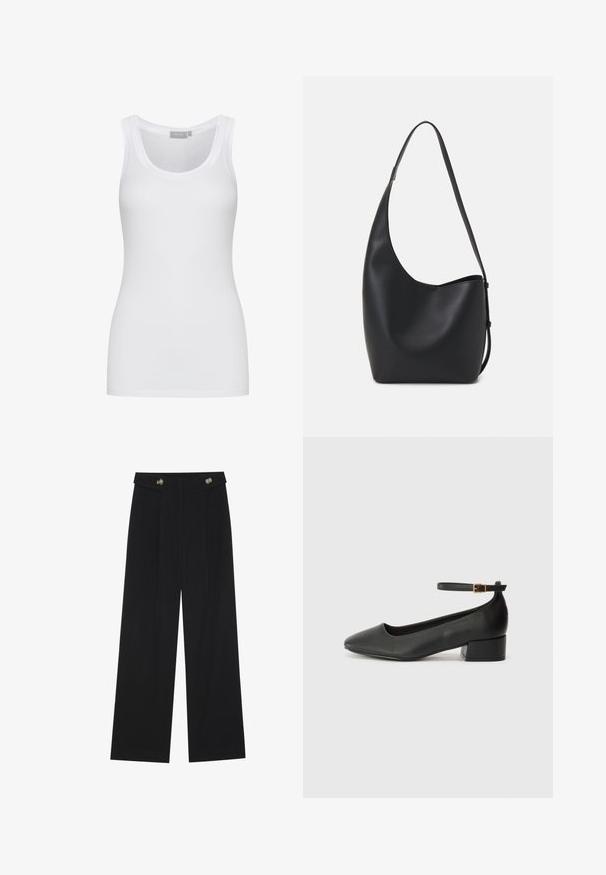 White, cotton tank top with a round neck and slim fit. Features wide shoulder straps and a smooth texture. No patterns or accents visible.; Black wide-leg trousers with high waist, button details on waistband, and front pleats.; Black leather pump with a pointed toe and a low block heel. Features an ankle strap with a gold-tone buckle. Smooth texture.; Black leather hobo bag with a smooth texture, curved shape, and single adjustable strap; features a wide opening at the top.