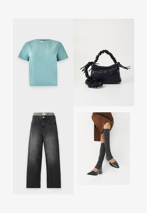 T-shirt κοντομάνικο, με λαιμόκοψη τύπου crew σε ανοιχτό τιρκουάζ βαμβακερό ύφασμα. Διαθέτει απλό, χωρίς περιττές διακοσμήσεις σχέδιο με ραμμένα μανίκια.; Μαύρα τζιν με φαρδιές leg και λινό ζώνη με σχέδιο καρό. Χαρακτηριστικά περιλαμβάνουν μπροστά τσέπες και κλείσιμο με κουμπί. Εντονότατη φθορά.; Μαύρες πατεν leather γόβες με αιχμηρή μύτη, τετράγωνη φτέρνα και λουράκι αστραγάλου, συνδυασμένες με γκρι ριγέ ζεστά ποδιές και καφέ σουέντ φούστα.; Μαύρη τσάντα από faux δέρμα με υφή κροκοδείλου, κλειστή στο επάνω μέρος και με ρυτιδωμένο λουρί. Φαίνεται μαλακή και συμπαγής στο σχέδιο.